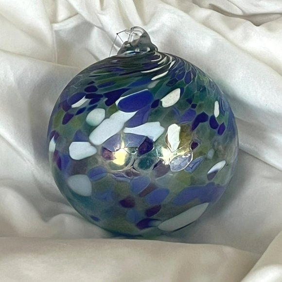Hand-Blown Large Glass Ornament Shades of Blue Iridescent 4-1/2" Round - Picture 3 of 6